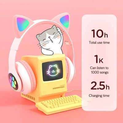 Bluetooth preto Cat Headphones, fones de ouvido sem fio dobráveis de Bluetooth